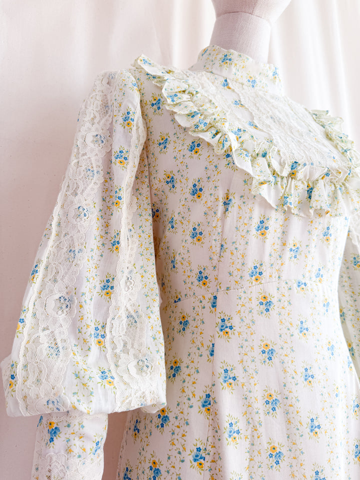 Divine 70s Spring Floral Cotton Lace Trimmed Mutton Sleeve Maxi Dress