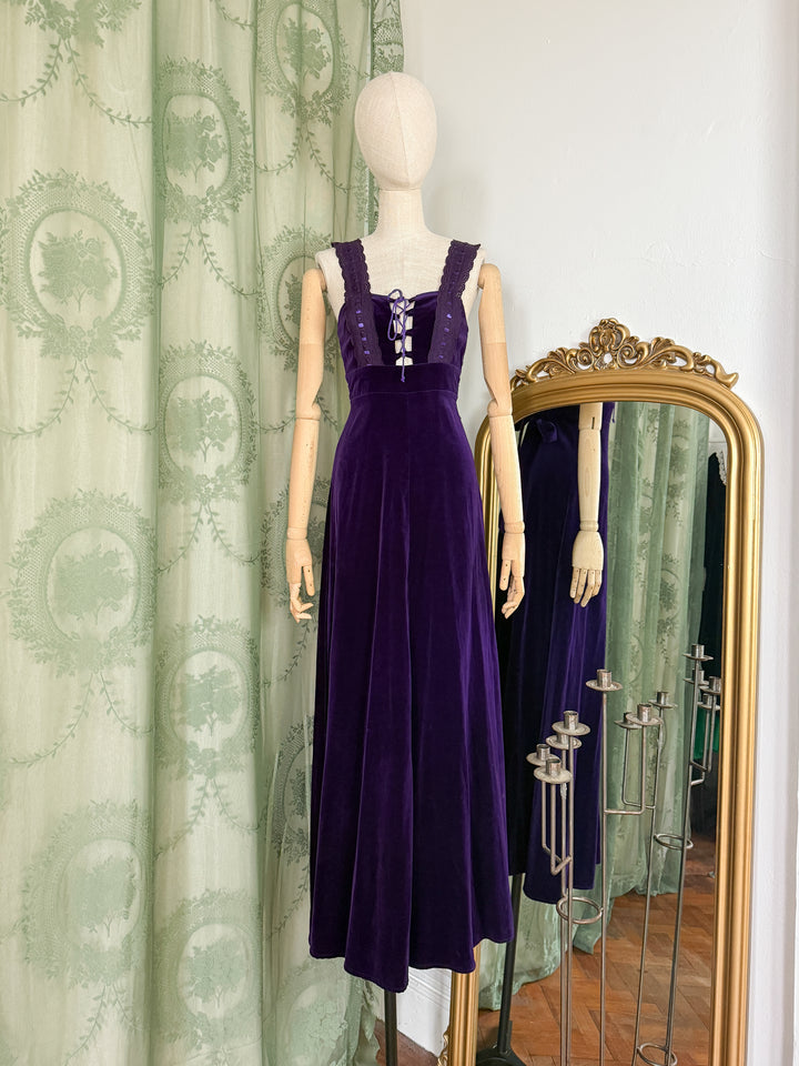 MYSTIQUE ~ HOLY GRAIL RARE 1970S EARLYBIRD PURPLE VELVET MAXI DRESS