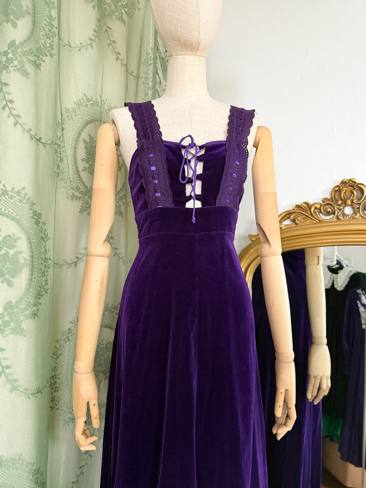 MYSTIQUE ~ HOLY GRAIL RARE 1970S EARLYBIRD PURPLE VELVET MAXI DRESS