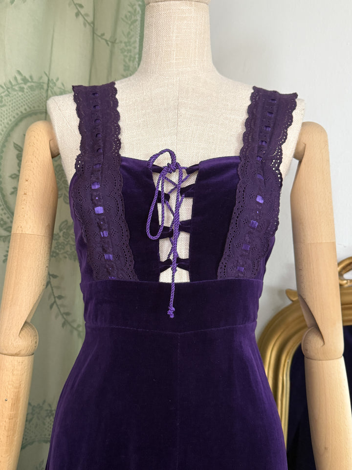 MYSTIQUE ~ HOLY GRAIL RARE 1970S EARLYBIRD PURPLE VELVET MAXI DRESS