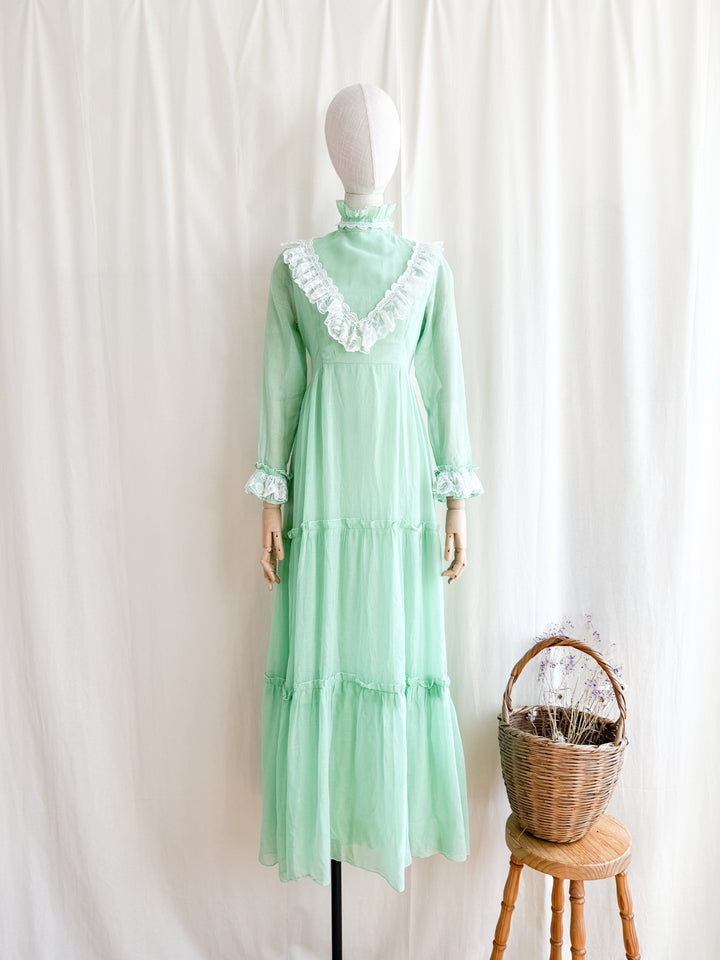 Breathtaking 70s Soft Green Lace Trimmed Ethereal Cotton Maxi Dress