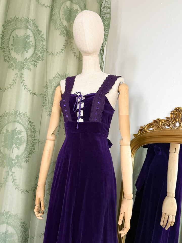 MYSTIQUE ~ HOLY GRAIL RARE 1970S EARLYBIRD PURPLE VELVET MAXI DRESS