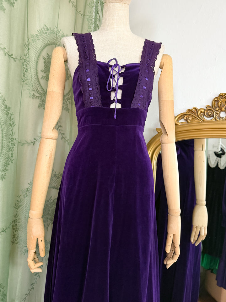 MYSTIQUE ~ HOLY GRAIL RARE 1970S EARLYBIRD PURPLE VELVET MAXI DRESS