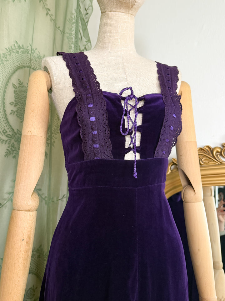 MYSTIQUE ~ HOLY GRAIL RARE 1970S EARLYBIRD PURPLE VELVET MAXI DRESS