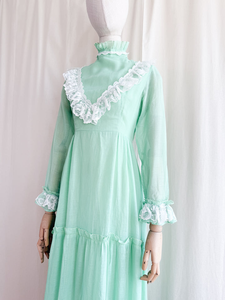 Breathtaking 70s Soft Green Lace Trimmed Ethereal Cotton Maxi Dress