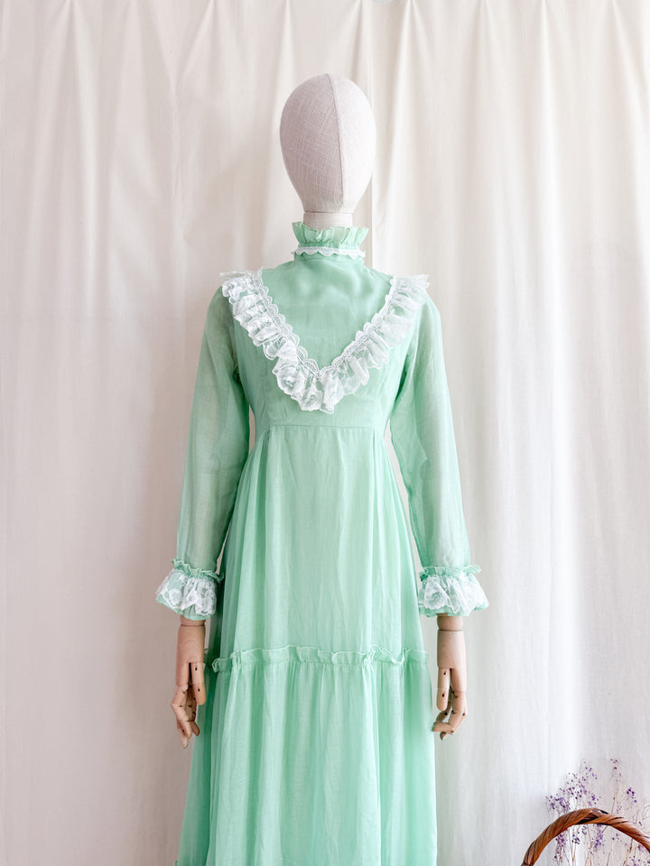 Breathtaking 70s Soft Green Lace Trimmed Ethereal Cotton Maxi Dress