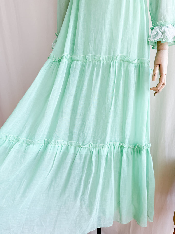 Breathtaking 70s Soft Green Lace Trimmed Ethereal Cotton Maxi Dress