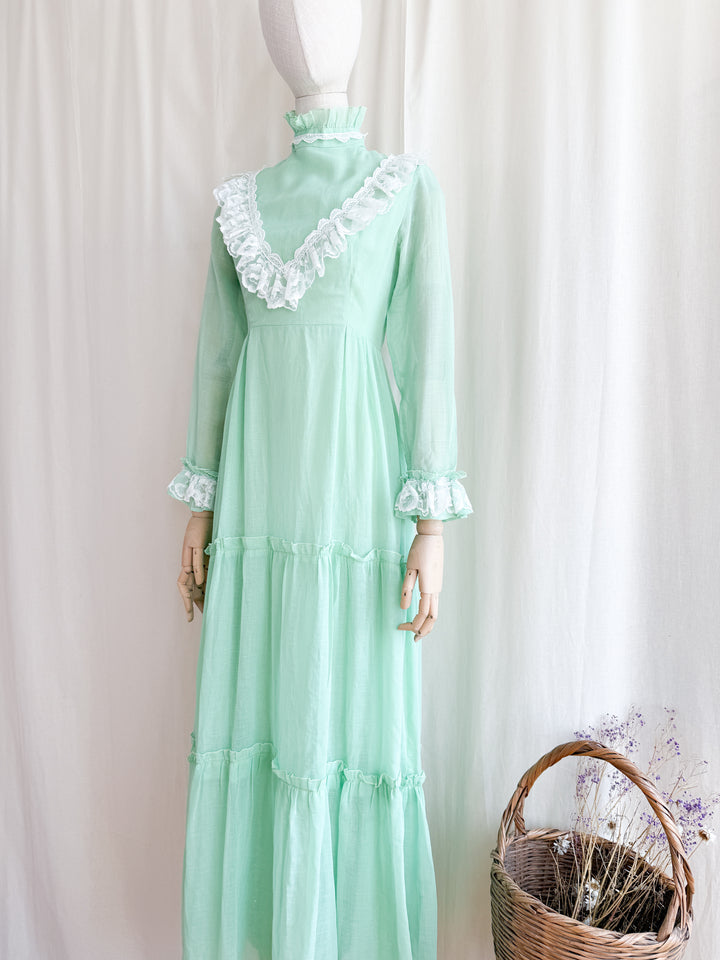 Breathtaking 70s Soft Green Lace Trimmed Ethereal Cotton Maxi Dress