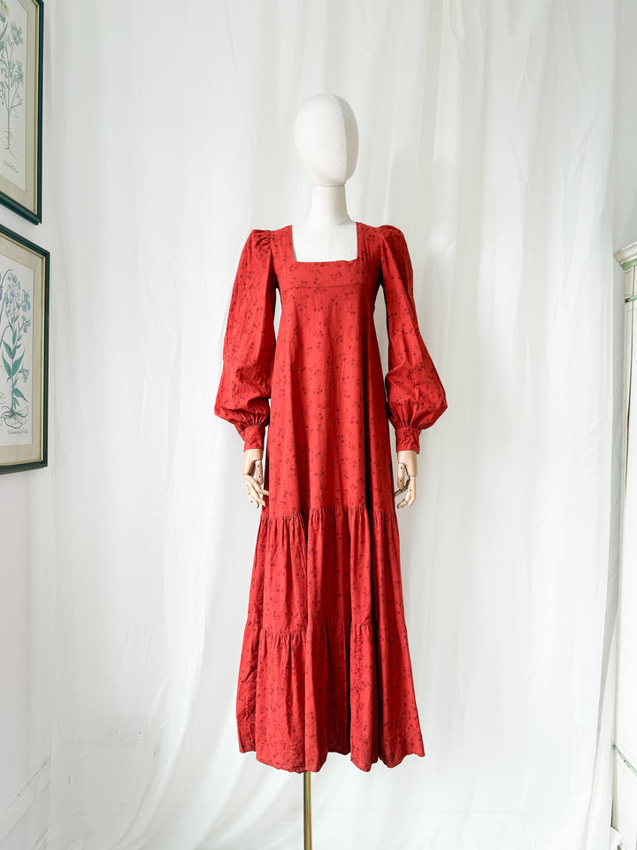 Precious Holy Grail Rare 1970s Dove Clothing Company Red Cotton Maxi Dress
