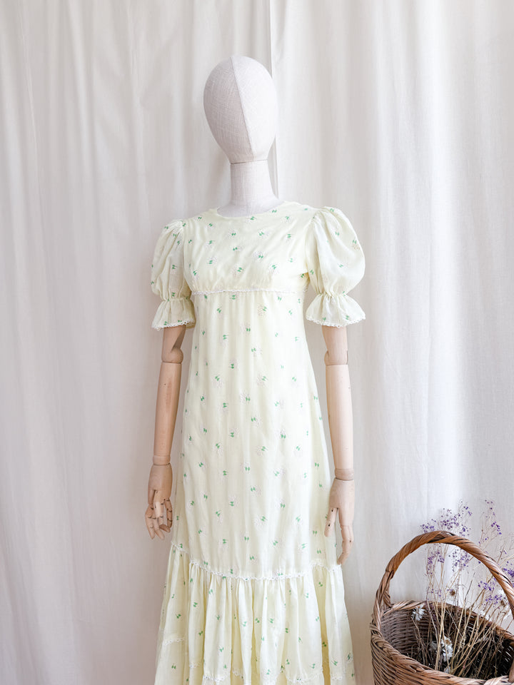 Cute 70s Soft Lemon Cotton Midaxi Dress