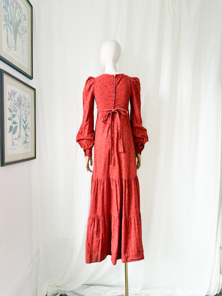 Precious Holy Grail Rare 1970s Dove Clothing Company Red Cotton Maxi Dress