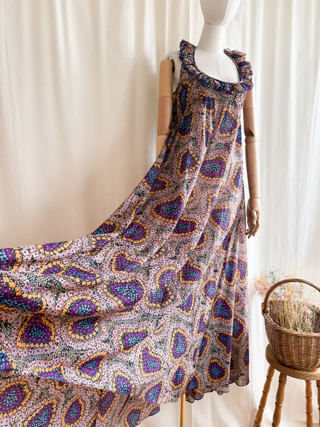 Holy Grail Rare Coveted 1970s Jean Varon Low Scoop Neckline Chiffon Maxi Dress