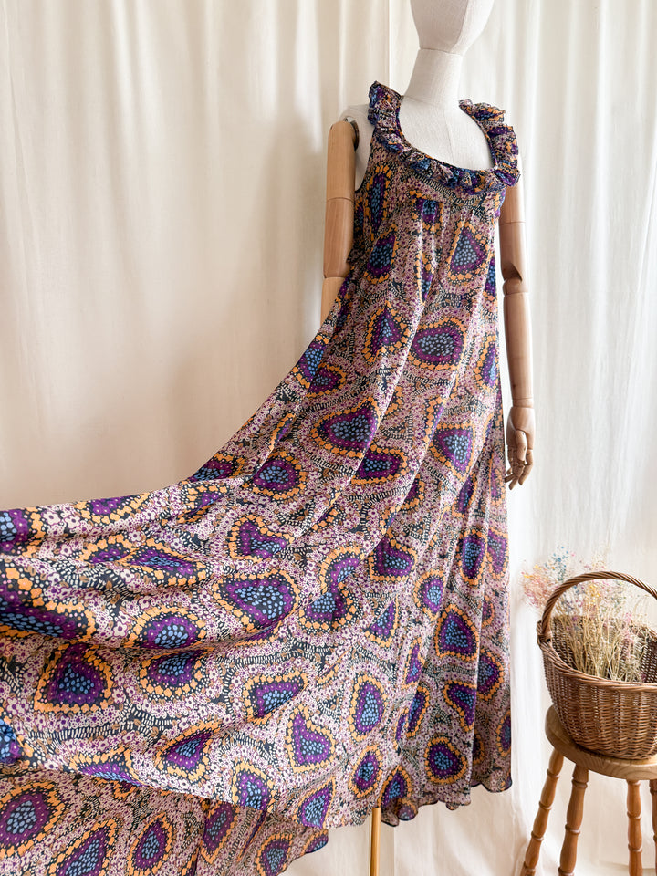 Holy Grail Rare Coveted 1970s Jean Varon Low Scoop Neckline Chiffon Maxi Dress