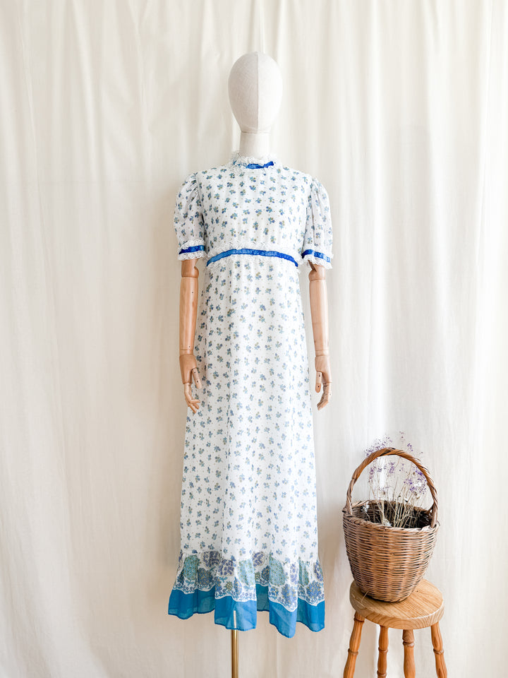 Lovely 70s Floral Cotton Lace Trimmed Maxi Dress