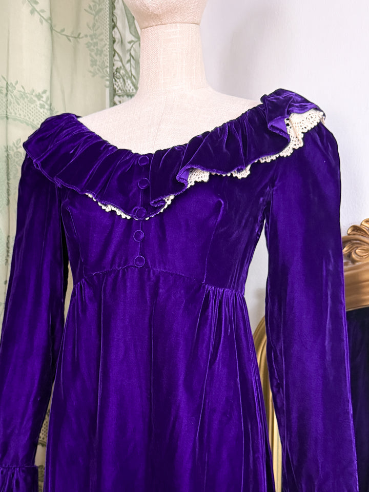 CELESTE ~ PRECIOUS RARE 1970S PURPLE VELVET LORRIE DEB MAXI DRESS