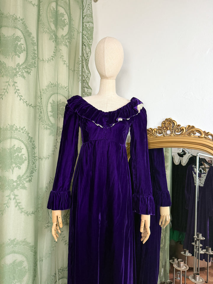 CELESTE ~ PRECIOUS RARE 1970S PURPLE VELVET LORRIE DEB MAXI DRESS