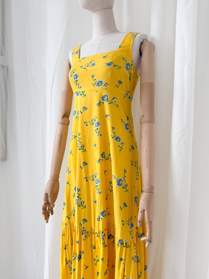 Beautiful Rare Collectible 1970s Yellow Floral Cotton Topshop Maxi Dress