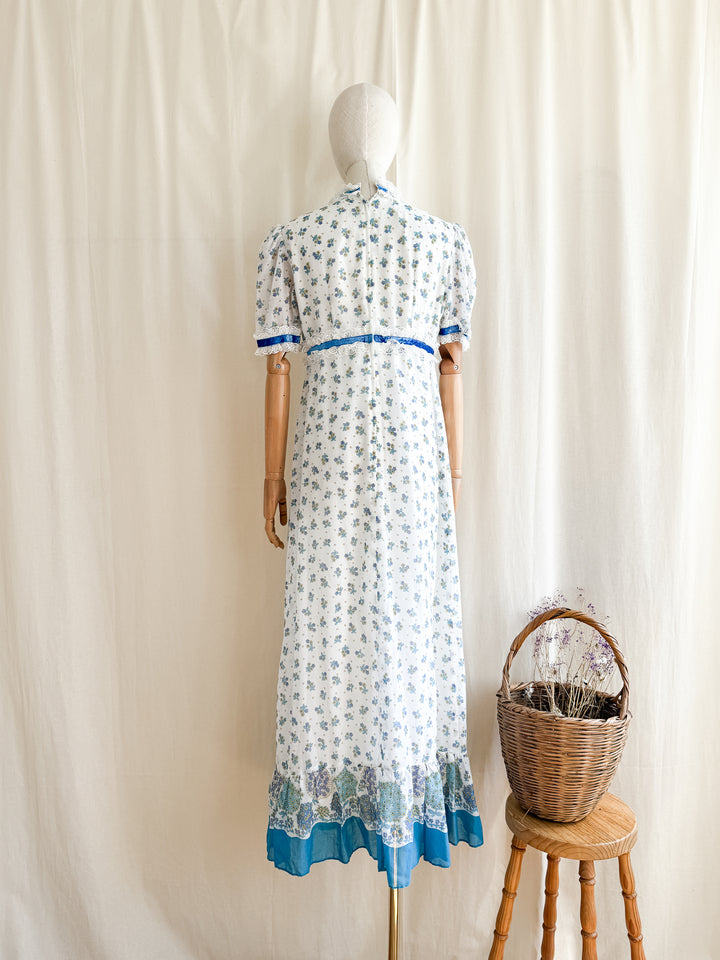 Lovely 70s Floral Cotton Lace Trimmed Maxi Dress