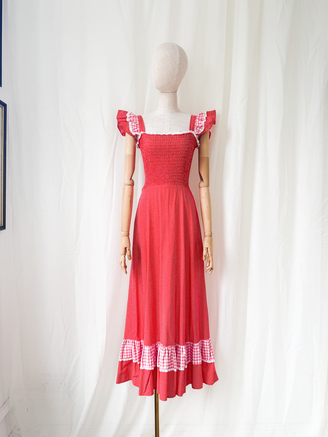 Adorable 1970s Shirred Red Cotton Maxi Dress by Mister Ant