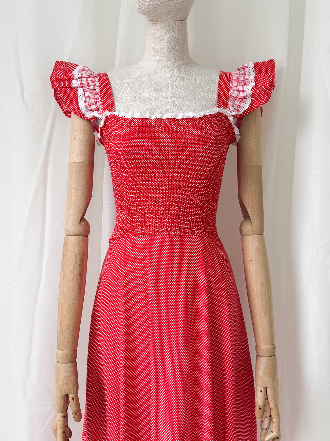 Adorable 1970s Shirred Red Cotton Maxi Dress by Mister Ant