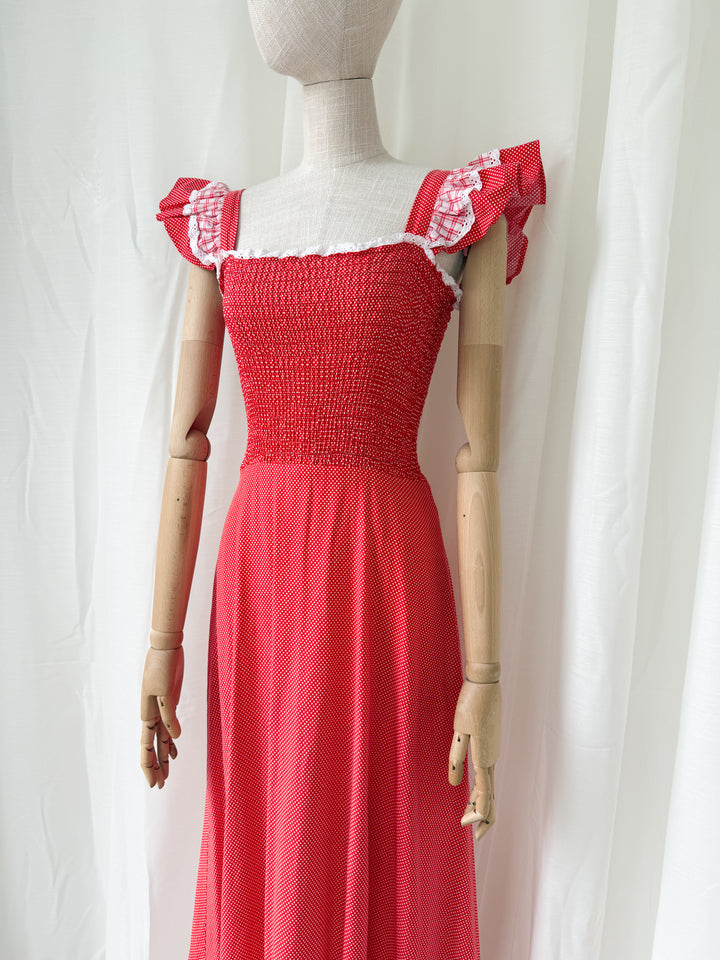 Adorable 1970s Shirred Red Cotton Maxi Dress by Mister Ant