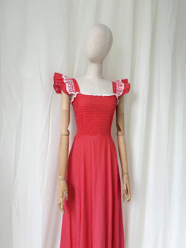 Adorable 1970s Shirred Red Cotton Maxi Dress by Mister Ant