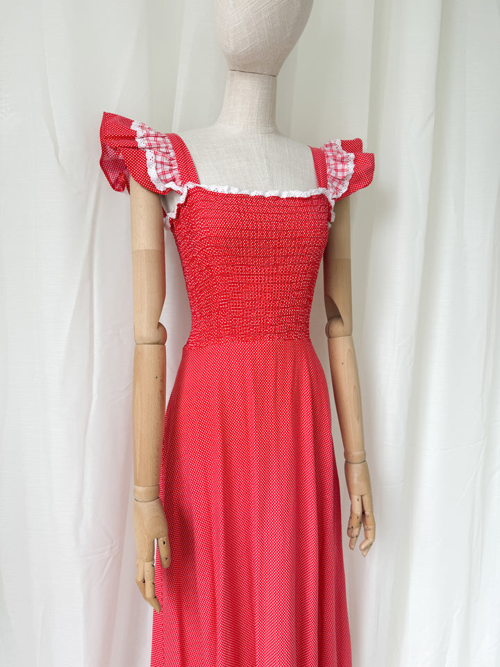Adorable 1970s Shirred Red Cotton Maxi Dress by Mister Ant