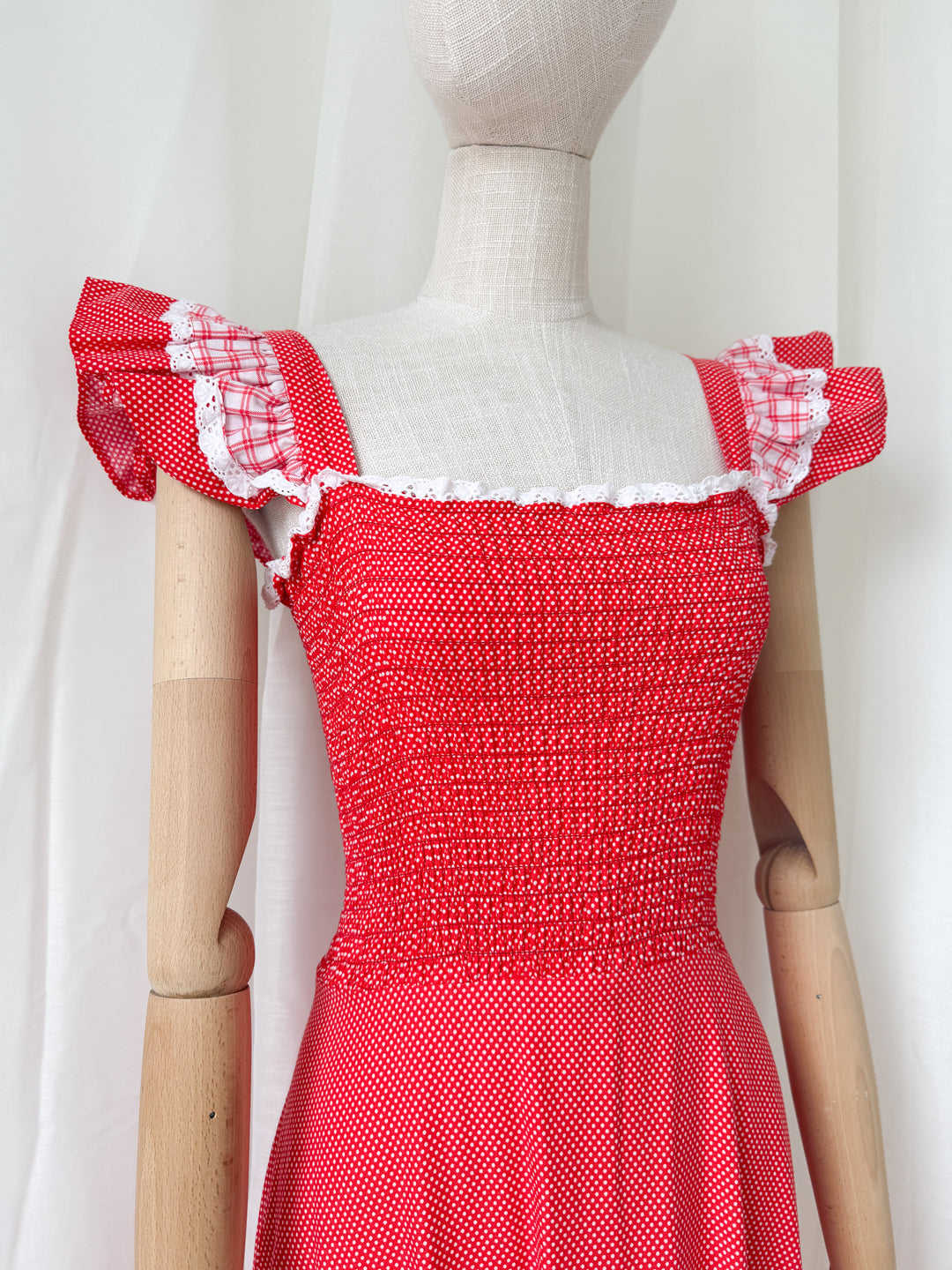 Adorable 1970s Shirred Red Cotton Maxi Dress by Mister Ant