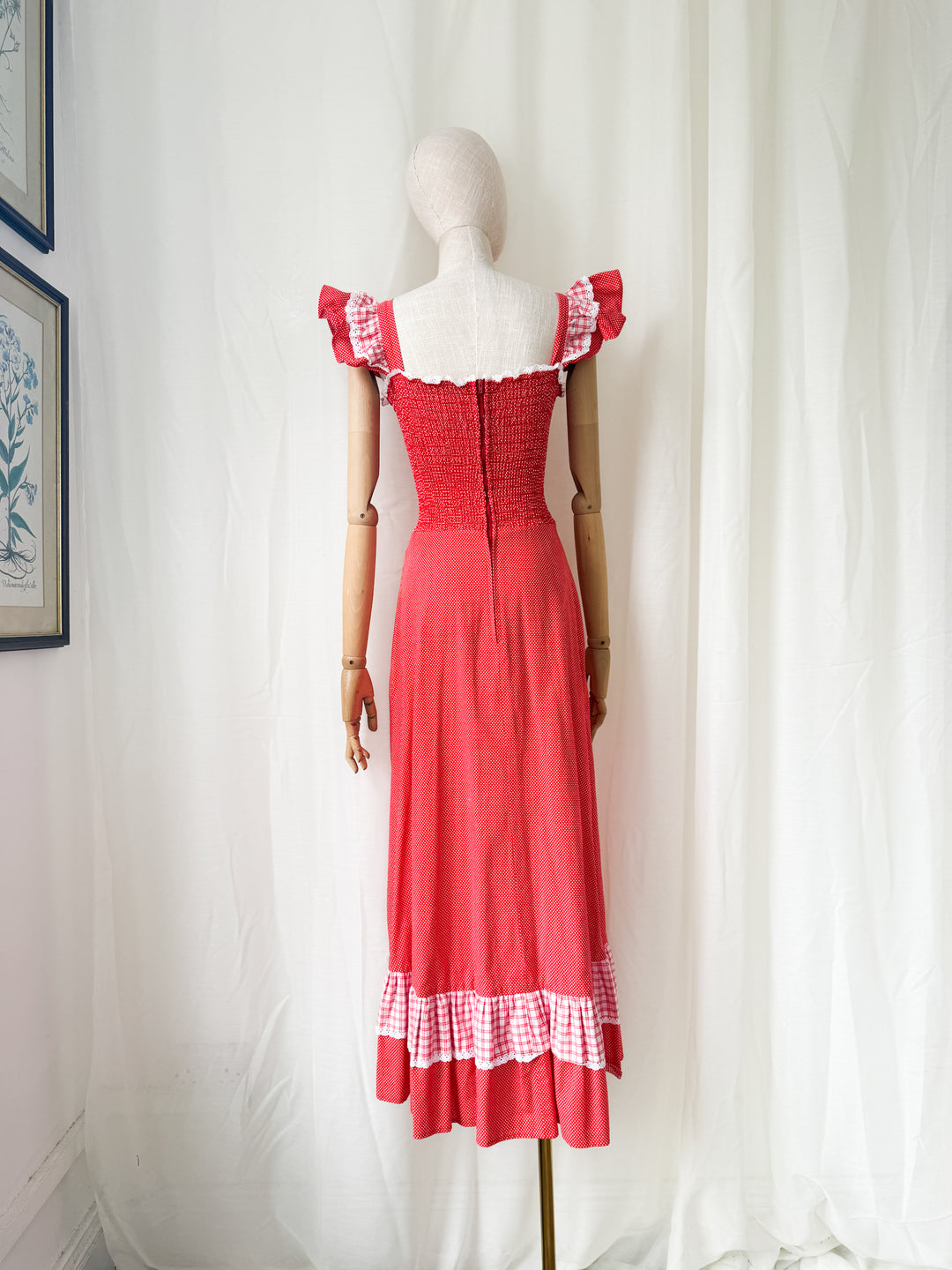 Adorable 1970s Shirred Red Cotton Maxi Dress by Mister Ant
