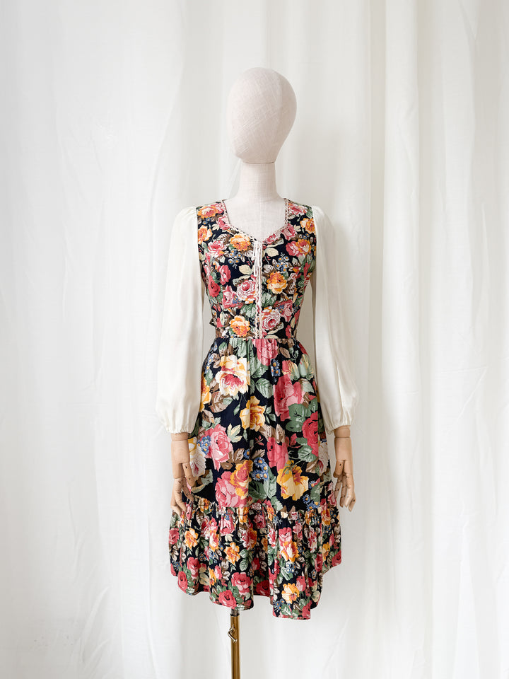 Pretty 1970s Corset Bodice Cotton Floral Midi Dress