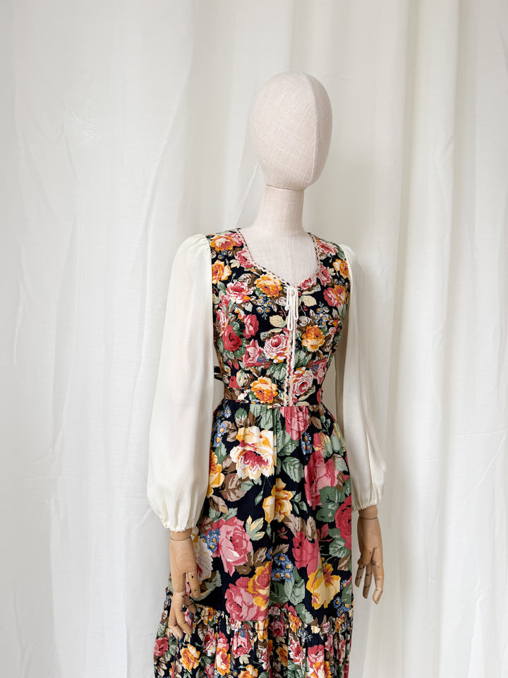 Pretty 1970s Corset Bodice Cotton Floral Midi Dress