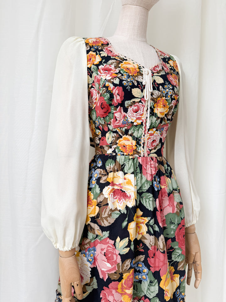 Pretty 1970s Corset Bodice Cotton Floral Midi Dress