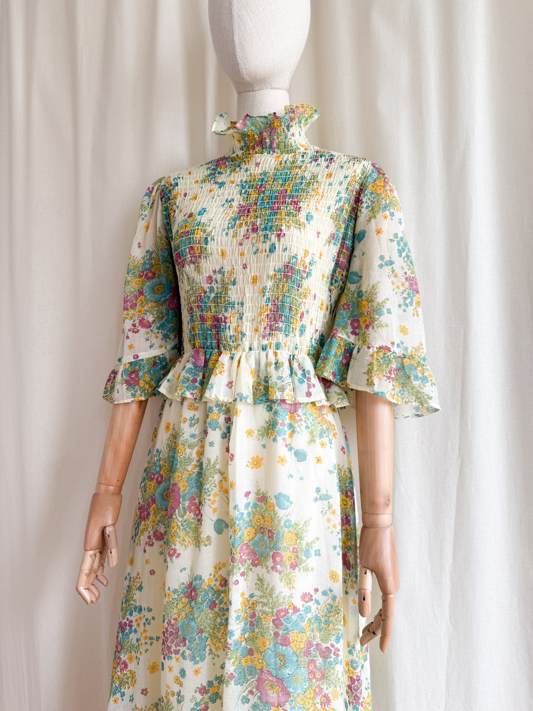 Heavenly Rare 1970s Shirred Cotton Floral Prairie Maxi Dress