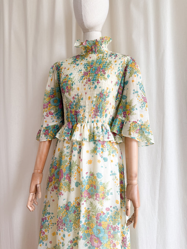 Heavenly Rare 1970s Shirred Cotton Floral Prairie Maxi Dress