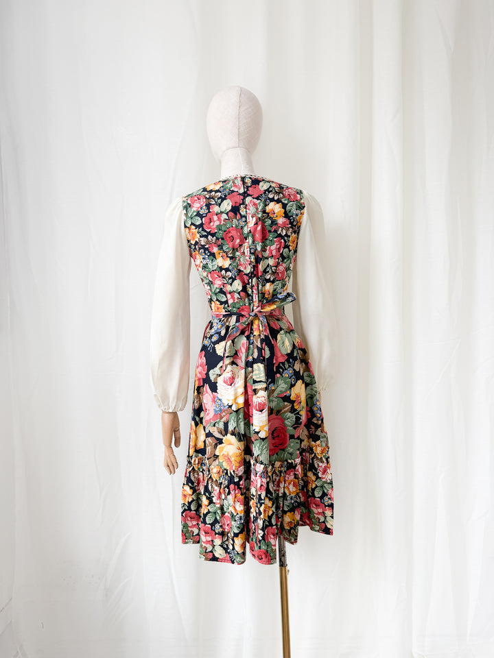 Pretty 1970s Corset Bodice Cotton Floral Midi Dress