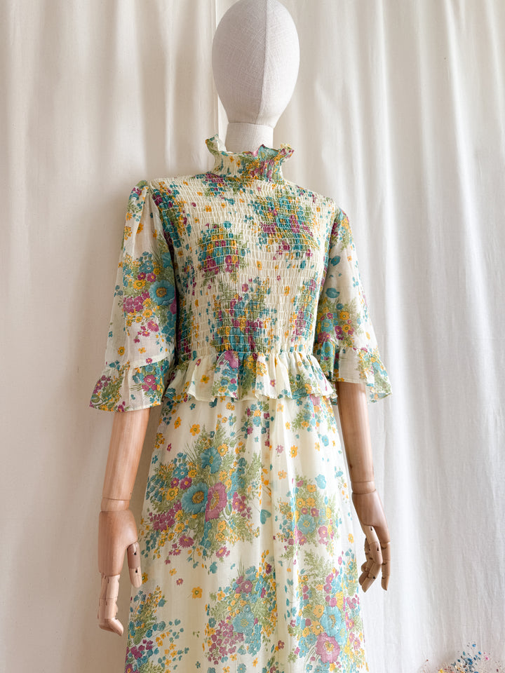 Heavenly Rare 1970s Shirred Cotton Floral Prairie Maxi Dress