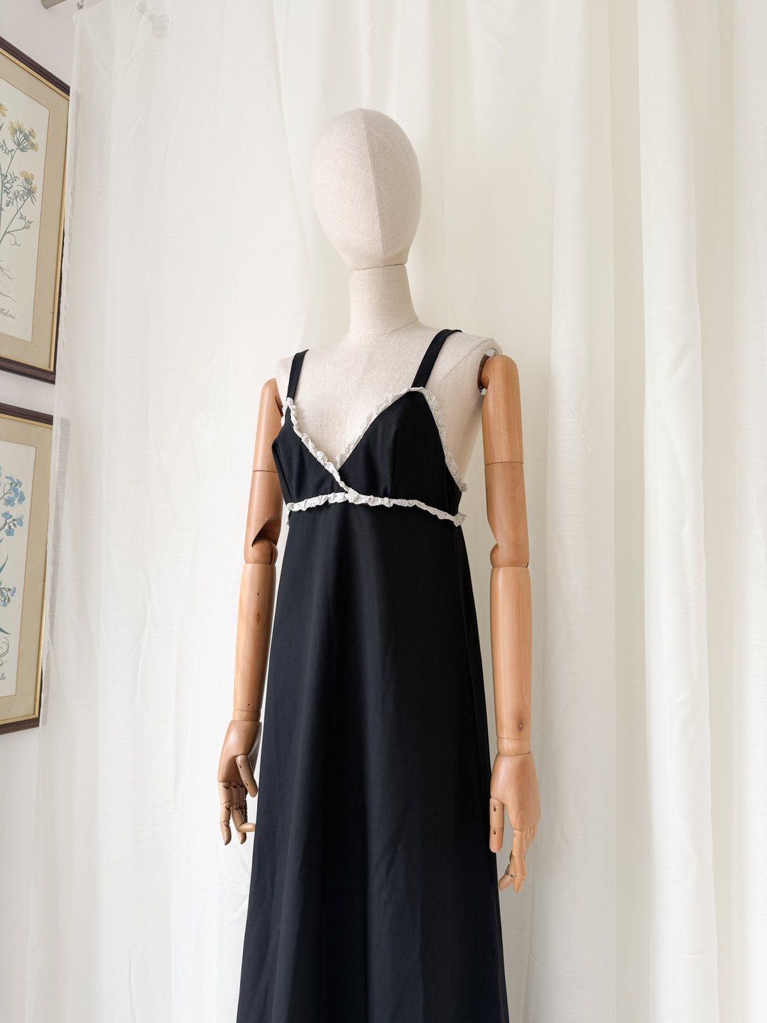 Divine Rare 1970s Black Twill Cotton Maxi Dress by Quad