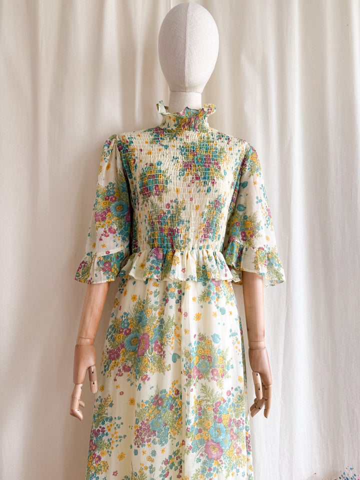 Heavenly Rare 1970s Shirred Cotton Floral Prairie Maxi Dress