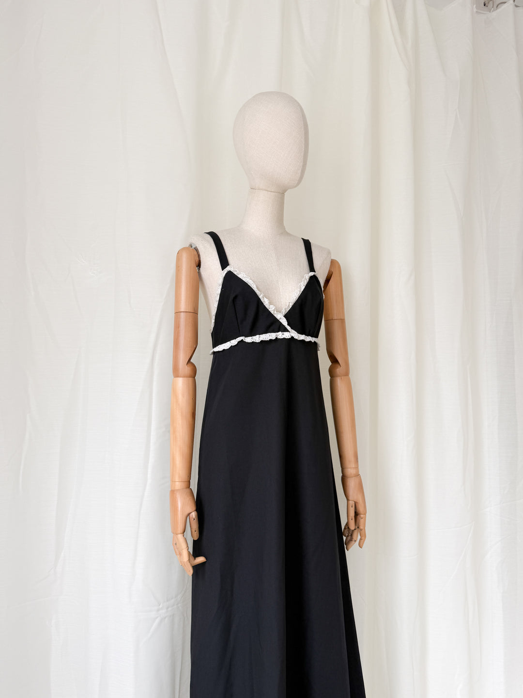 Divine Rare 1970s Black Twill Cotton Maxi Dress by Quad