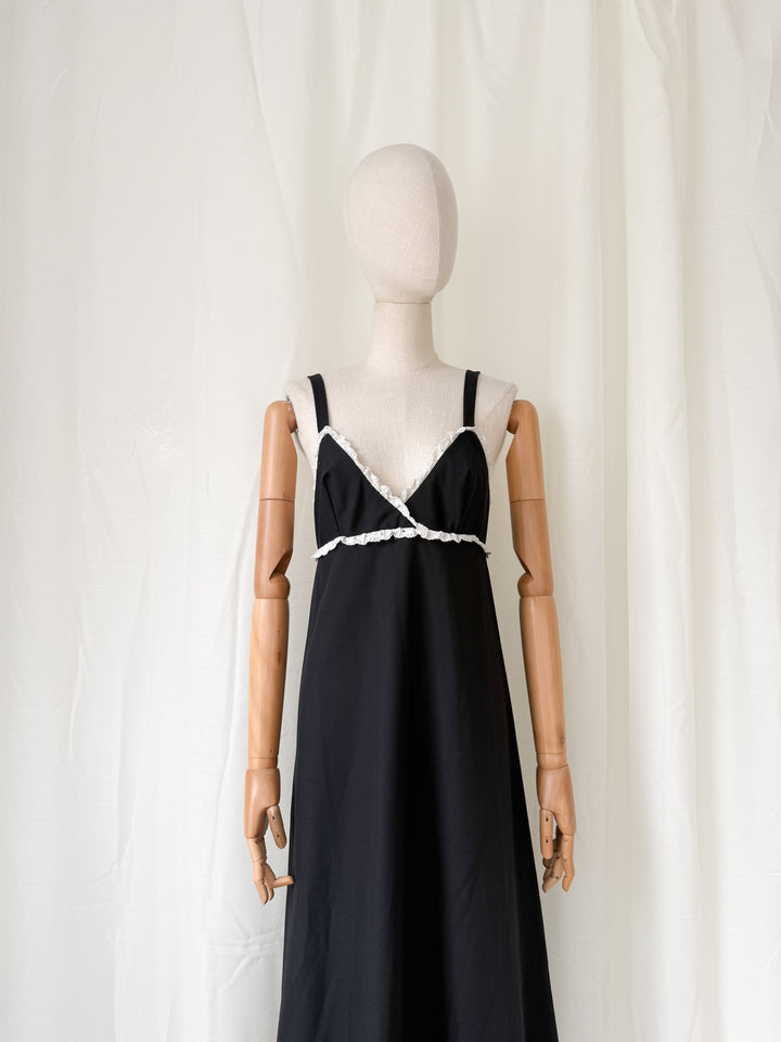 Divine Rare 1970s Black Twill Cotton Maxi Dress by Quad