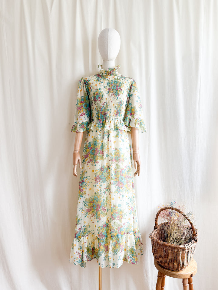 Heavenly Rare 1970s Shirred Cotton Floral Prairie Maxi Dress