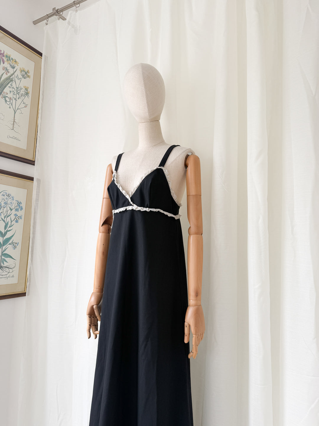 Divine Rare 1970s Black Twill Cotton Maxi Dress by Quad