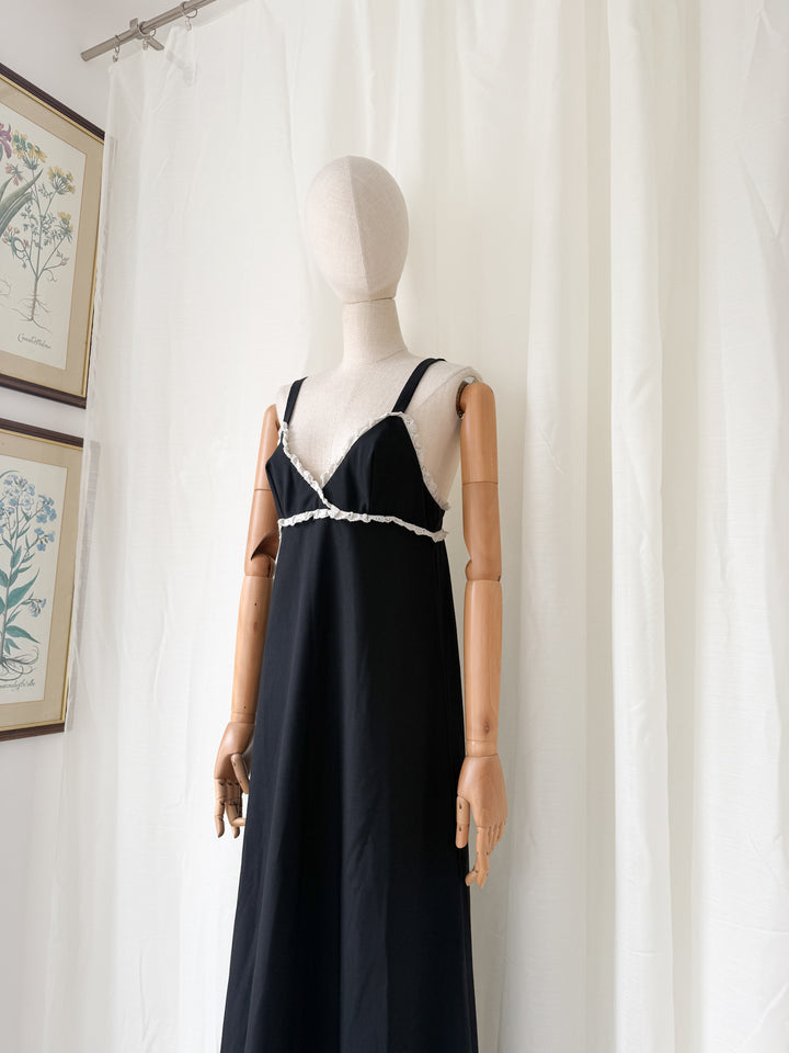 Divine Rare 1970s Black Twill Cotton Maxi Dress by Quad