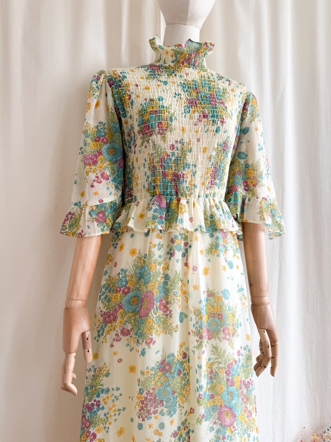 Heavenly Rare 1970s Shirred Cotton Floral Prairie Maxi Dress