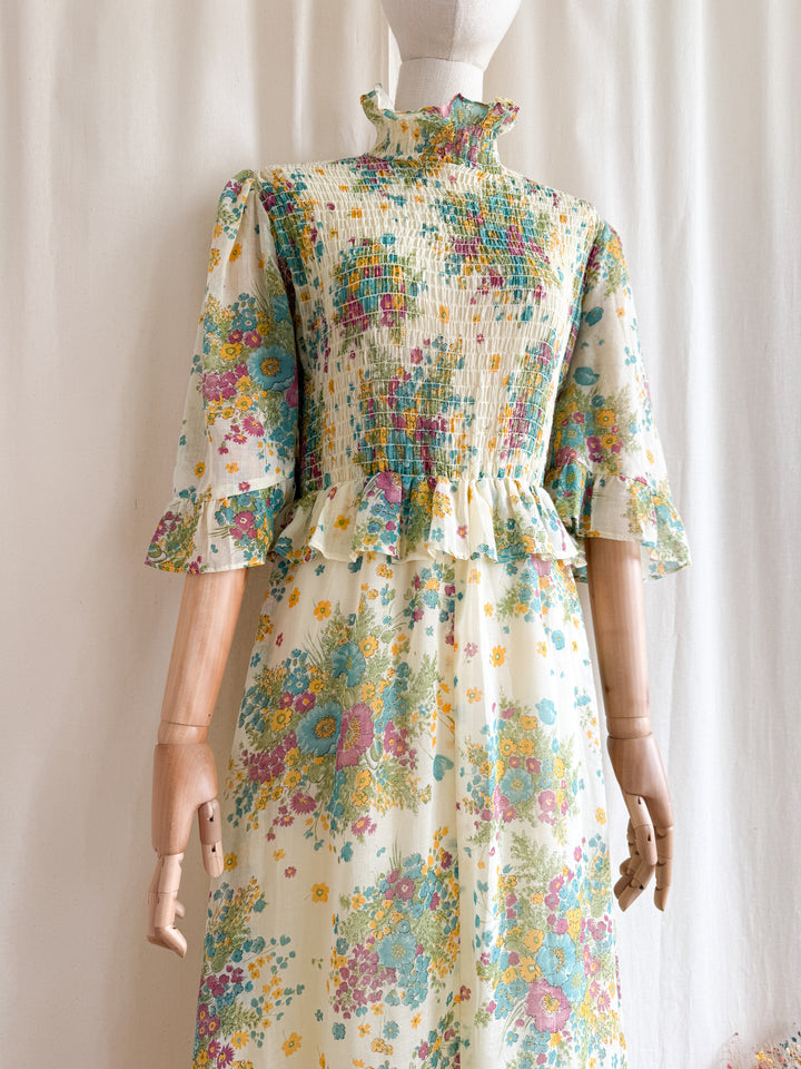 Heavenly Rare 1970s Shirred Cotton Floral Prairie Maxi Dress