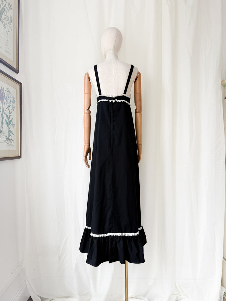 Divine Rare 1970s Black Twill Cotton Maxi Dress by Quad