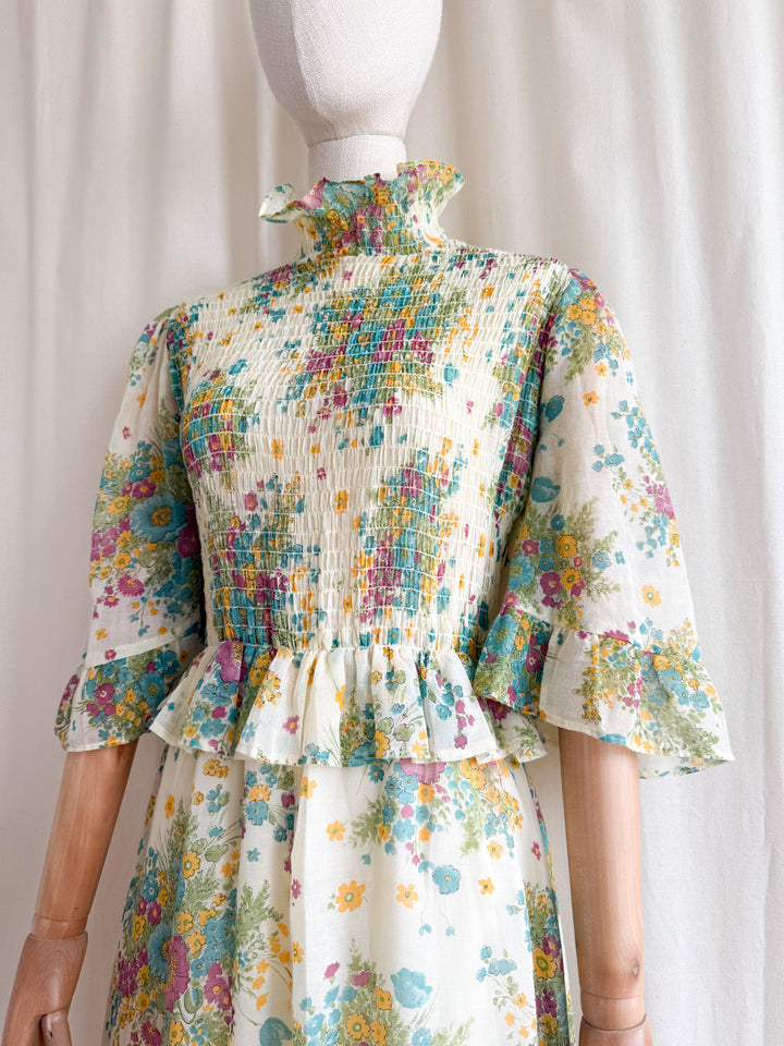 Heavenly Rare 1970s Shirred Cotton Floral Prairie Maxi Dress