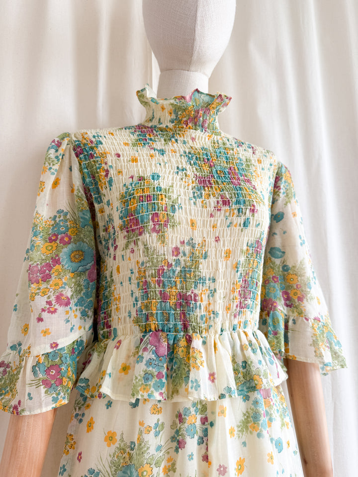 Heavenly Rare 1970s Shirred Cotton Floral Prairie Maxi Dress
