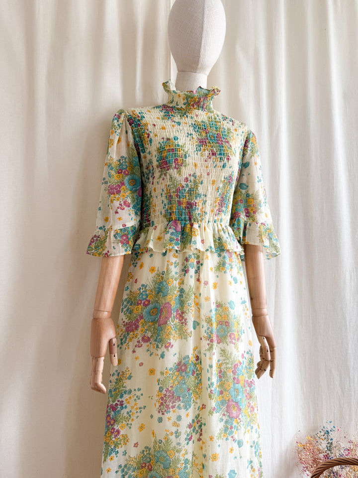 Heavenly Rare 1970s Shirred Cotton Floral Prairie Maxi Dress