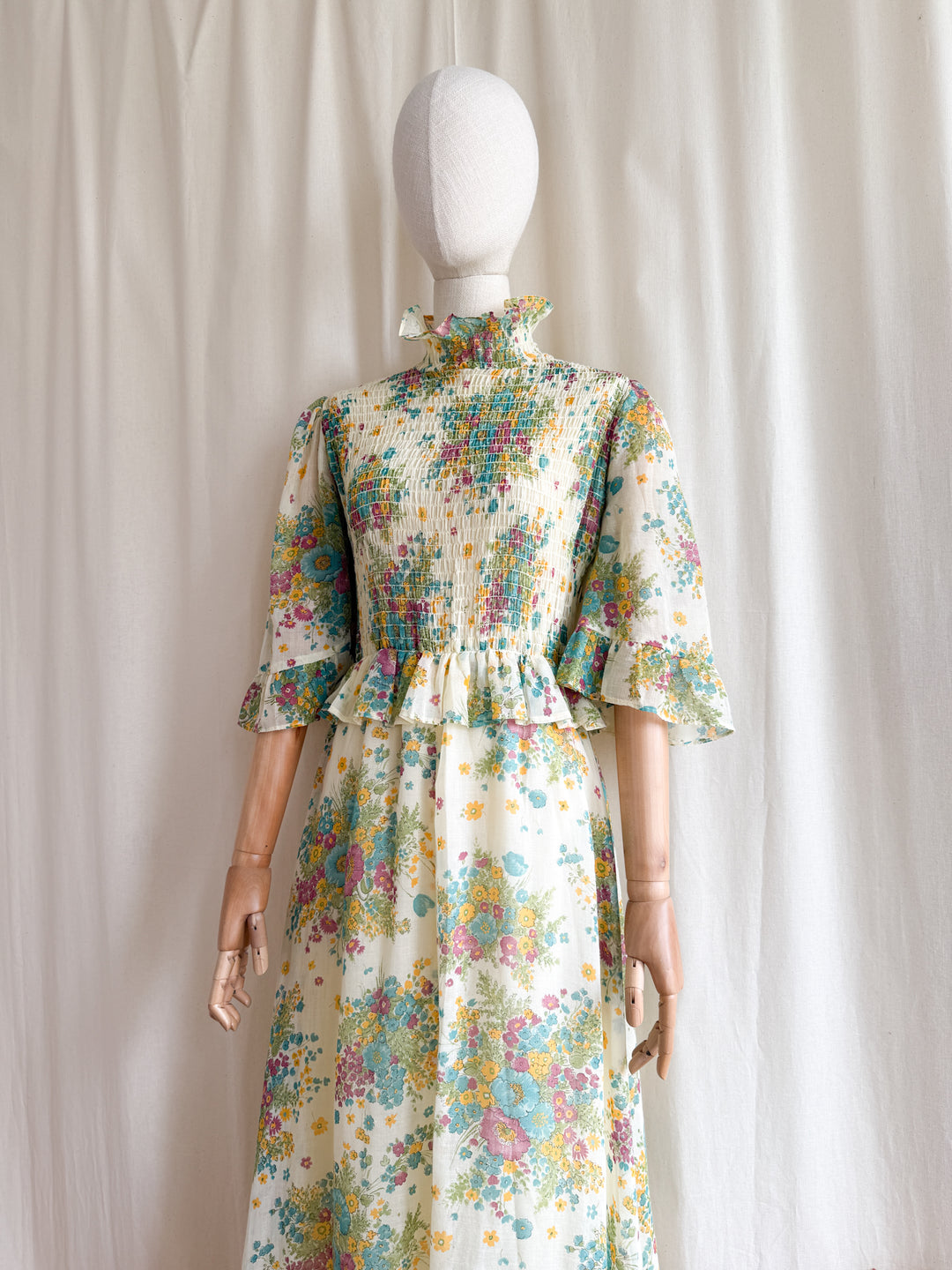 Heavenly Rare 1970s Shirred Cotton Floral Prairie Maxi Dress